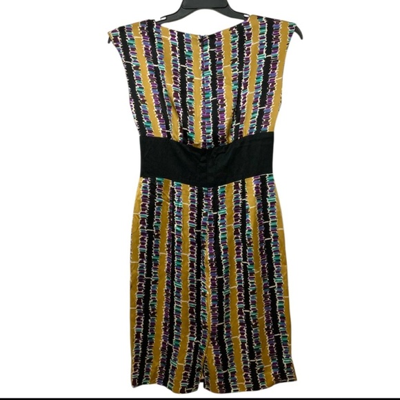 Trina Turk 100% Silk Abstract Purple Gold Black Stripe Dress Sz 2 Sleeveless - Picture 9 of 13